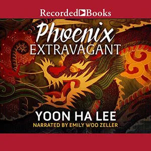 The Phoenix Extravagant audiobook cover shows an East Asian dragon illustration in red and yellow colors
