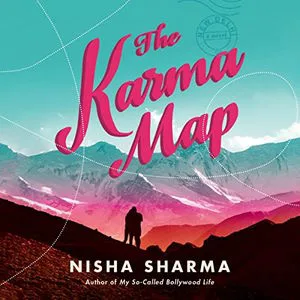 The Karma Map audiobook cover shows a mountain site in beautiful colors from red, purple, to blue, and two figures in the front embracing