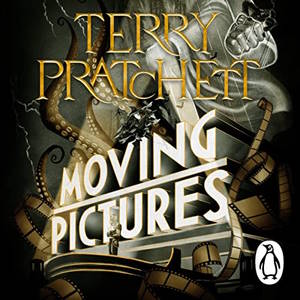 Moving Pictures audiobook cover shows spotlights on a mess of tentacles and film reels