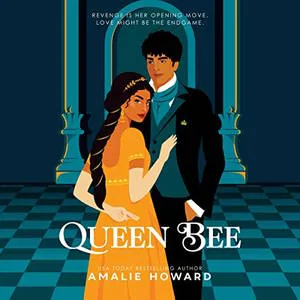 Queen Bee audiobook cover shows an Indian girl with long dark hair in a beautiful golden dress and gloves leaning on a boy with short dark hair in an elegant suit