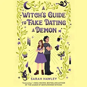 A Witch's Guide to Fake Dating a Demon audiobook cover shows a short white woman with reddish hair and a darker skinned male person with horns on his head, standing back to back with their arms crossed