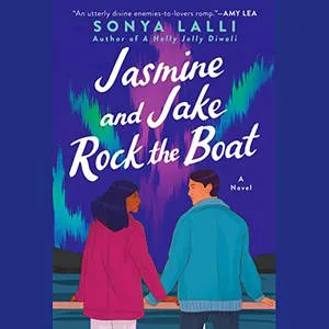 Jasmine and Jake Rock the Boat audiobook cover shows a dark-skinned woman and a brown-haired man standing at a ship's railing looking at the northern lights