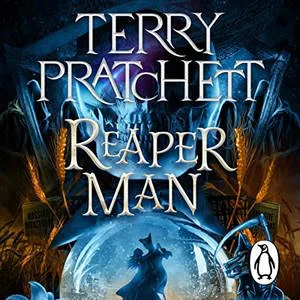 Reaper Man audiobook cover showing a blue-tinged hourglass and a small skeletal figure at the bottom