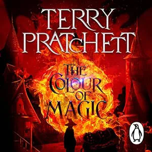 The Color of Magic audiobook cover showing a small figure with a hat standing in front of magical orange fire