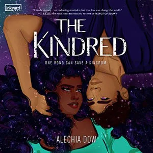 The Kindred audiobook cover shows a Black girl and a brown skinned boy, their hair looks like it's part of the universe behind them