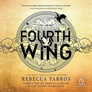 Audiobook cover of Fourth Wing, one of the best Fantasy Romance books. The cover shows an intricate sigil in black lines with a small black dragon 