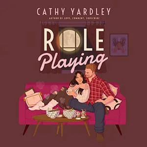 Role Playing audiobook cover shows a black-haired woman and a white bearded man sitting together on a red sofa, cuddling and laughing