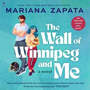 The Wall of Winnipeg and Me audiobook cover shows a blue-haired woman next to a very tall muscular bearded white man