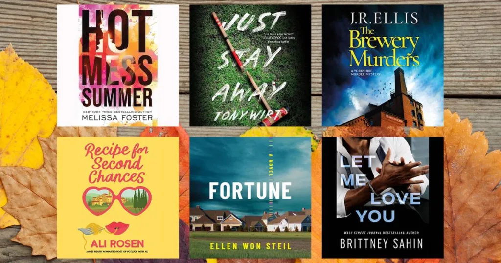 The Best Kindle Unlimited Audiobooks - New in November 2023 (collage showing audiobook covers of Hot Mess Summer, Recipe for Second Chances, Just Stay Away, Fortune, The Brewery Murders, Let Me Love You)