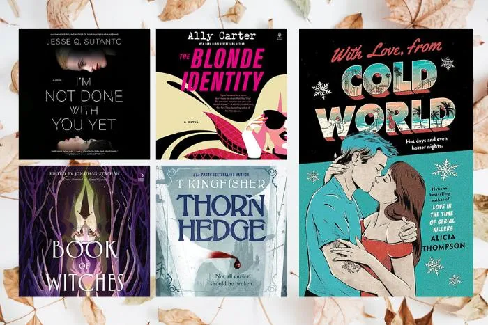 Collage of covers from audiobook recommendations september 2023: I'm not done with you yet, The blonde identity, thornhedge, the book of witches, with love from cold world