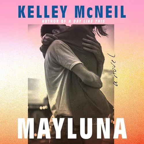 The Mayluna audiobook cover shows two people embracing in a black and white photo