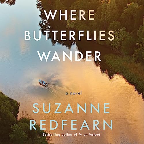 When Butterflies Wander, one of the best new Kindle Unlimited audiobooks, the audiobook cover shows a photo of a body o water, surrounded by trees and a small boat in the middle 