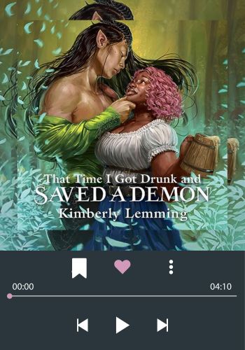 The audiobook cover of That Time I got Drunk and Saved a Demon is a detailed illustrations of a human-looking demon with horns and long flowing black hair and a Black woman with pink hair holding a tankard