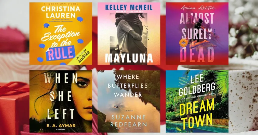 The Best Kindle Unlimited Audiobooks - New in February 2024 (collage showing audiobook covers of The Exception to the Rule, Mayluna, Almost Surely Dead, When She Left, Where Butterlies Wander, Dream Town)