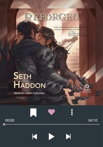 The audiobook cover of Reforged is a detailed illustrations of two men in leathers and with weapons kissing passionately