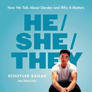 The audiobook cover shows the title in big blue blocky letters and the author, an Asian man with short black hair and a beard, sitting in front of the title words.