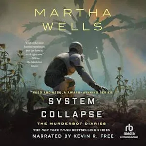 The System Collapse audiobook cover shows a cyborg from the back, crouching on a planet with a huge shadow looming over it