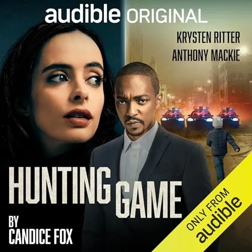 The Hunting Game audiobook cover shows actors Krysten Ritter and Anthony Machie, police cars in the background.