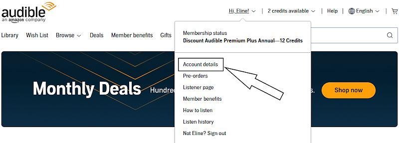 Screenshot from Audible.com showing the user menu with an arrow pointing at Account Details