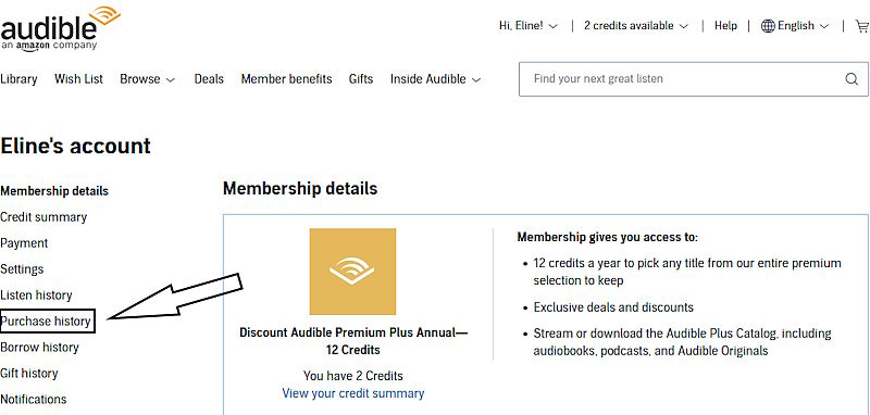 Screenshot from Audible.com showing the Account details menu with an arrow pointing at Purchase history.