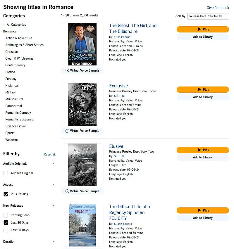 Audible search results, sorted by newest release dates, showing only virtual voice audiobooks.