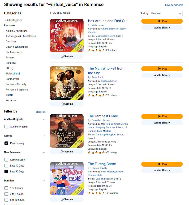 How to Filter out Audible Virtual Voice Audiobooks (2025) 3 A screenshot from Audible showing 89 results for audiobooks filtered for Romance from the last 90 days in the Plus catalog using -virtual_voice to get only human-read audiobooks