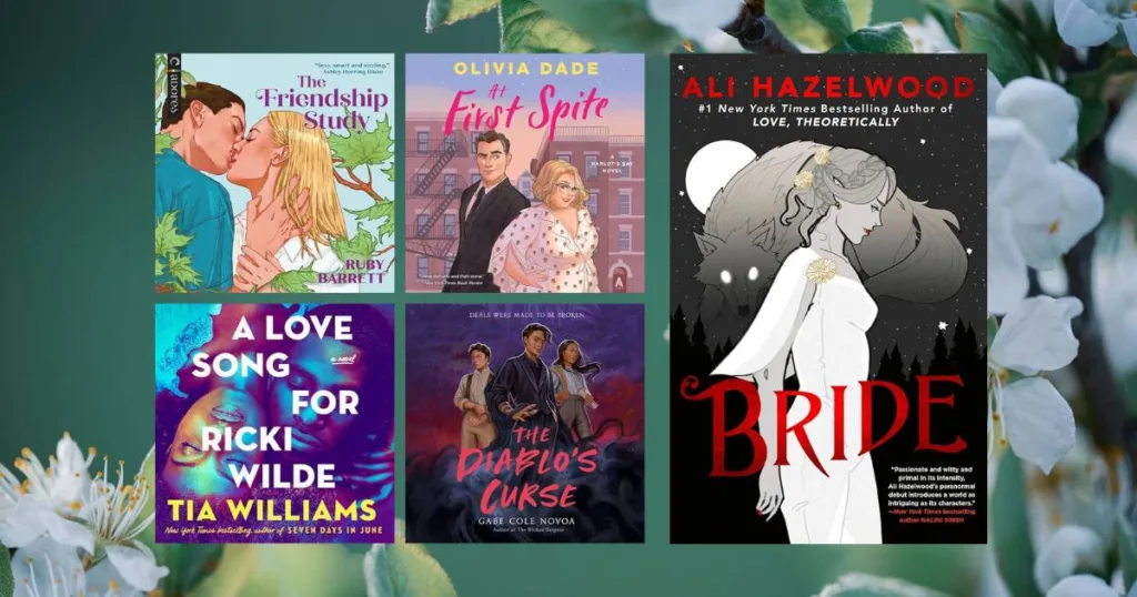 Audiobook Recommendations for March 2024 (collage of new audiobooks showing Bride, At First Spite, The Friendship Study, A Love Song for Ricki WIlde, The DIablo's Curse)