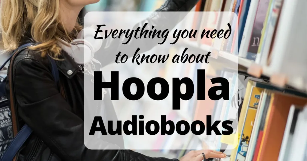 Everything you need to know about Hoopla audiobook (background image shows a white woman with long blonde hair and headphones around her neck, looking through a library book shelf)