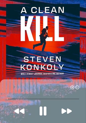 The audiobook cover of A Clean Kill is primarily abstract red and dark blue lines, with a shadoy figure running in the center