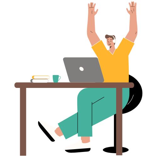 An illustration of a white person sitting at a desk, their hands up in the air. They're looking at a laptop and wearing headphones.