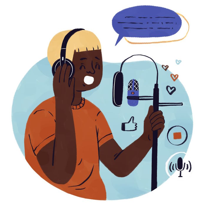 How to publish an audiobook: Audiobook Production (graphic shows a Black person speaking into a microphone with pop filter while wearing headphones)