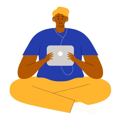 An illustration of a Brown person sitting, holding a tablet up and wearing earbuds