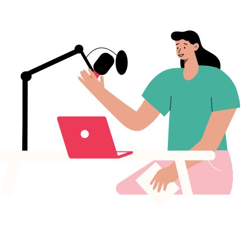 An illustration of a white person sitting in front of a desk with a laptop and a microphone