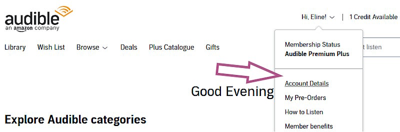 Screenshot from Audible showing the menu that opens up in the next step where you click on the first option "Account Details"