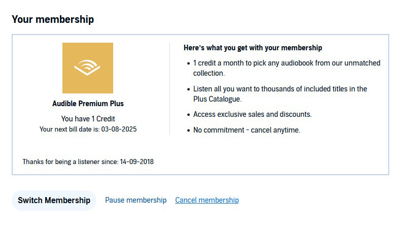 Screenshot from Audible Cancellation process showing the page you land on where you can choose the link "Cancel membership"