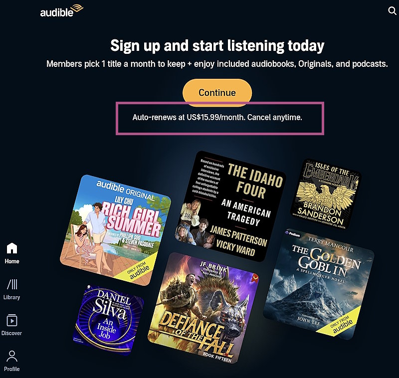 A screenshot from the Audible app showing the renew price at $15.99/month