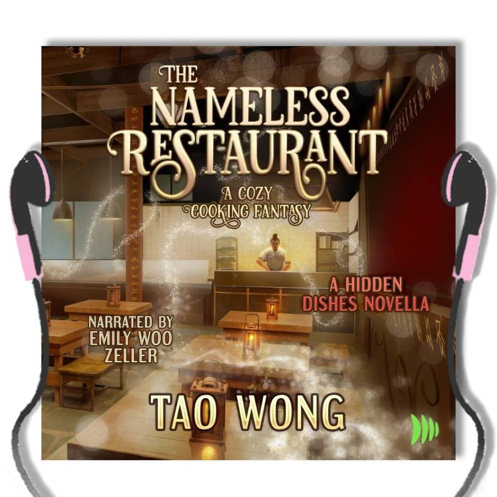 The Nameless Restaurant audiobook cover shows an empty restaurant with a person standing at the end of the big room cooking