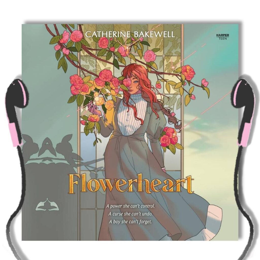 Flowerheart audiobook cover shows atmospheric art work with a red-haired white girl hiding her face behind flower vines