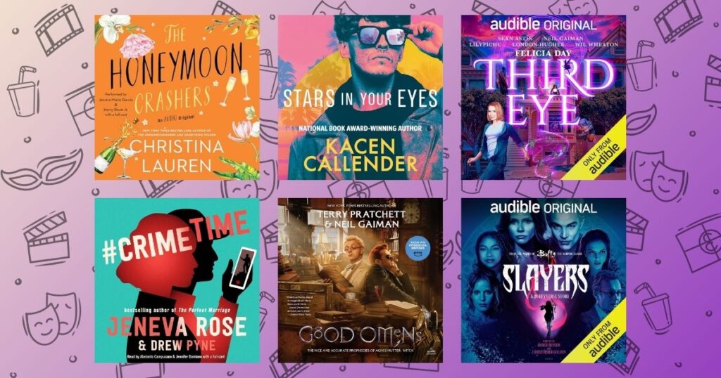 A collage of full cast audiobooks with a movie themed background
