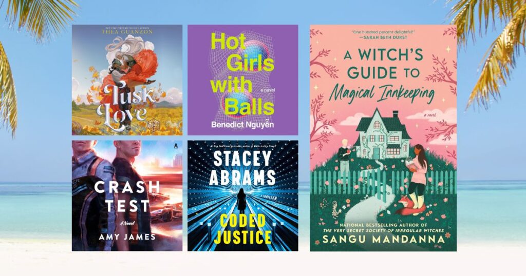 Audiobook recommendations for Summer 2025 (cover collage showing Tusk Love, Hot Girls with Balls, Crash Test, Coded Justice, A Witch's Guide to Magical Innkeeping)