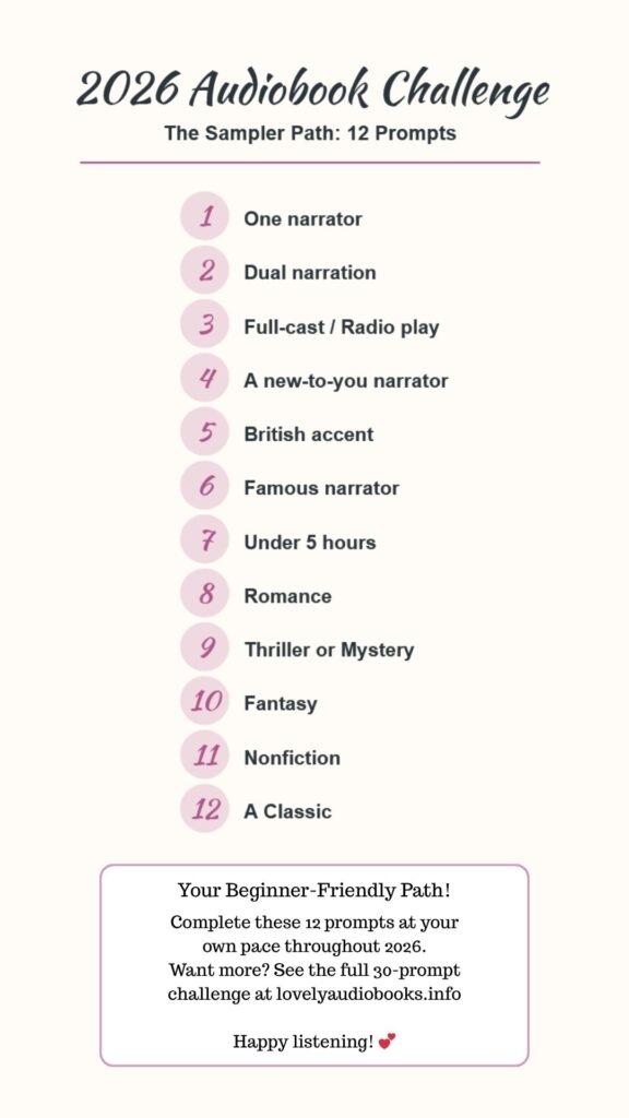 2026 Audiobook Challenge: 30 Prompts to Shake Up Your Listening! 1 2026 Audiobook Challenge Sampler Path with 12 beginner-friendly prompts. Narration Styles: 1. One narrator, 2. Dual narration, 3. Full-cast radio play, 4. A new-to-you narrator, 5. British accent, 6. Famous narrator. Bonus and Genres: 7. Under 5 hours, 8. Romance, 9. Thriller or Mystery, 10. Fantasy, 11. Nonfiction, 12. A Classic. Complete these 12 prompts at your own pace throughout 2026. Visit lovelyaudiobooks.info for the full 30-prompt challenge. Happy listening!