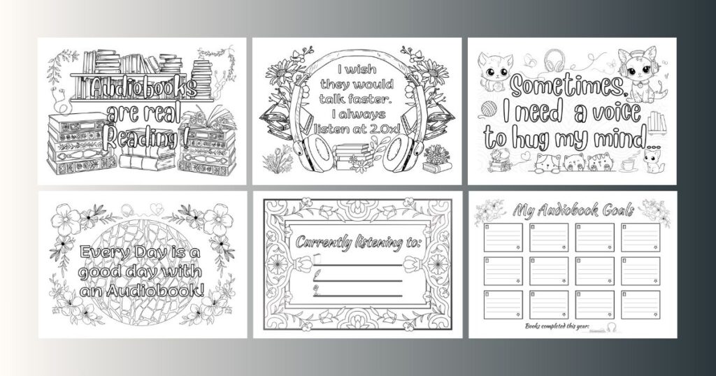 Audiobook Coloring Pages for Cozy Listeners 2 Collage of 6 pages from the audiobook coloring pages bundle