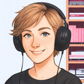 About Me 1 A comic style avatar of Eline from Lovely Audiobooks wearing headphones, a bookshelf in the background